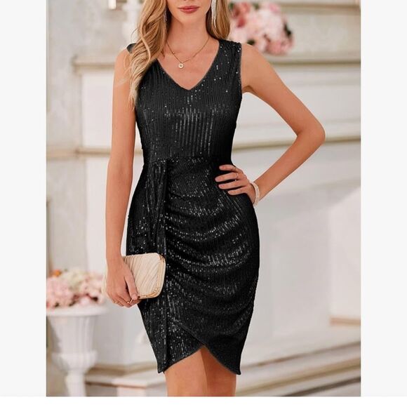 GRACE KARIN V Neck Sleeveless Sexy Ruched Wrap Party Club Cocktail Dresses sz L - Picture 3 of 16